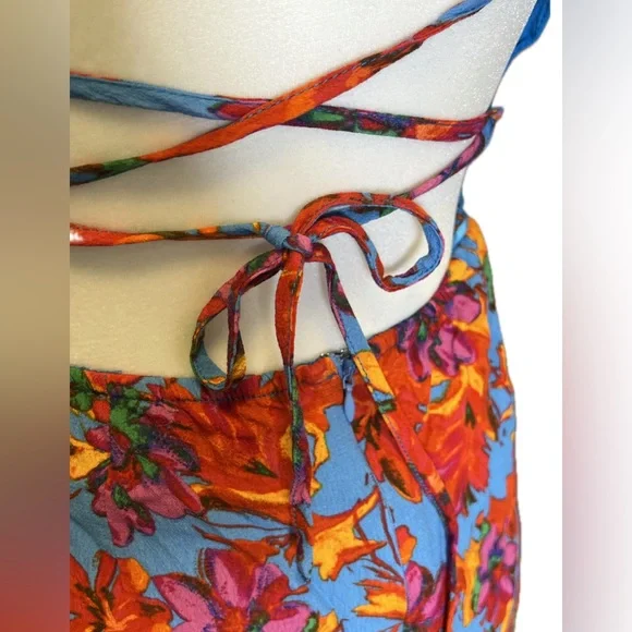Lost + Wander Hydra Springs Red Blue Floral Wrap Mini Dress Strappy M Medium